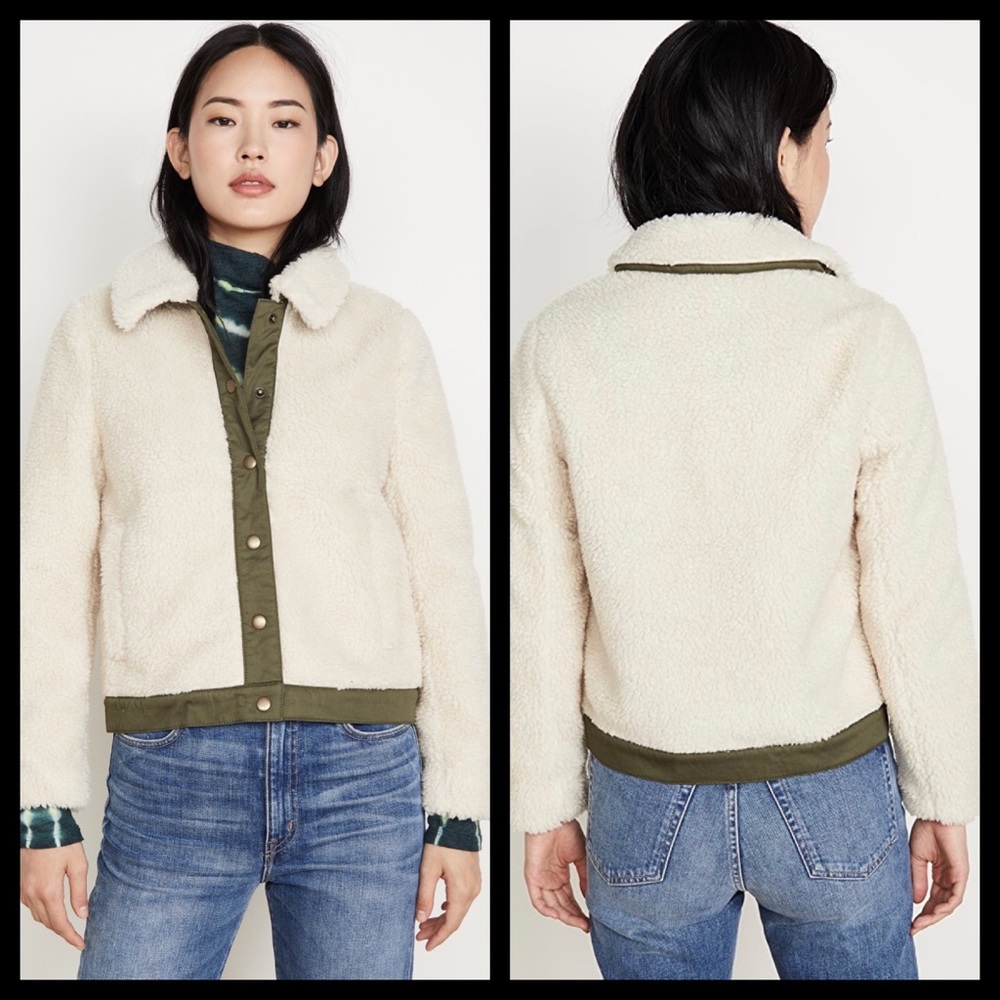 Madewell Cream and Green Teddy Jacket Plush Cozy Style